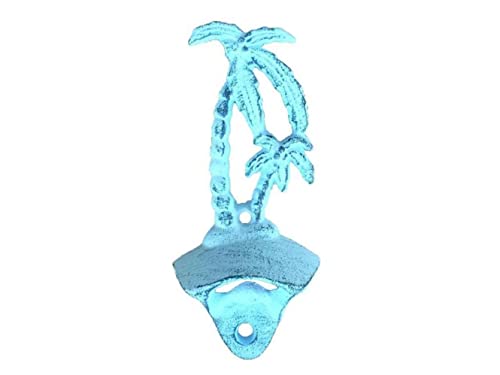 "Handcrafted Nautical Decor Rustic Dark Blue Whitewashed Cast Iron Wall Mounted Palmtree Bottle Opener 6"" -"