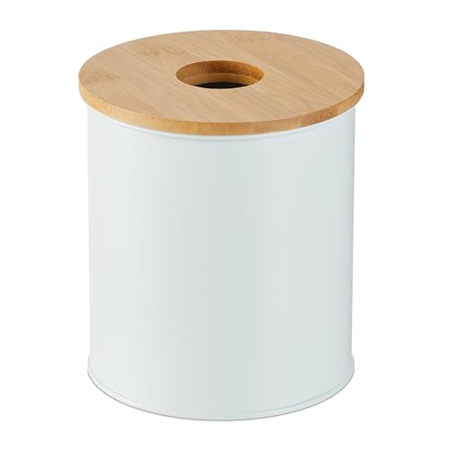 Relaxdays Bathroom Bin, 2 Litre Volume Capacity, Round, Bamboo Lid with Hole, Cosmetic Waste Trash Can, Dustbin, White