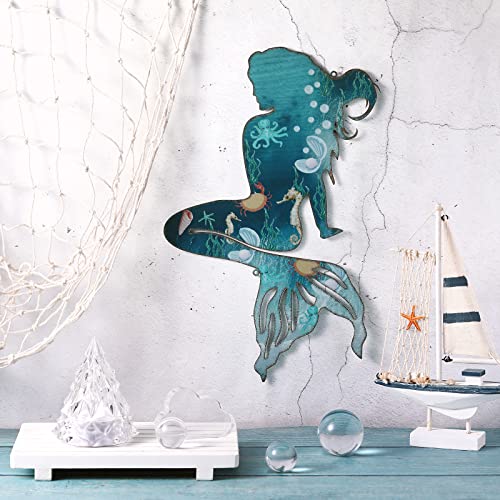 Demissle Metal Mermaid Wall Art Rustic Hanging Mermaid Wall Decor Blue Metal Mermaid Decorations Elegant Mermaid Sculpture for Room Wall Patio Swimming Pool Bathroom (Delicate Style)