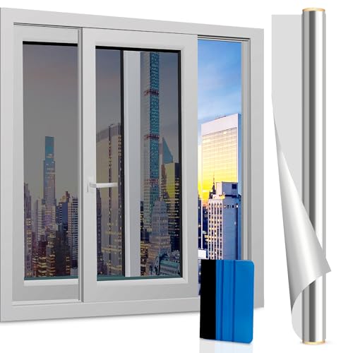 Cheerhom UV Mirror Window Film Privacy, 90 x 200cm, Silver, Reflective, Heat Control, Anti-UV, Static Cling, Self-Adhesive, PVC, One Way Mirror, Home & Office