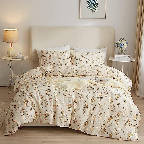 HighBuy 3 Pieces Duvet Covers Queen Size Yellow Floral Duvet Cover Set,Ultra Soft Cotton Bedding Set Botanical Printed Soft Aesthetic Bed Cover with Zipper Closure 4 Ties All Season