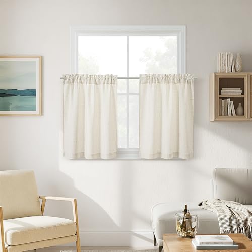 DUKIYO Natural Linen Cafe Curtains 30 Inch Length Semi Sheer Light Filtering Privacy Small Curtain for Kitchen Bathroom Basement Window Rod Pocket Boho Cream Short Curtains 30 Inches Long W34xL30