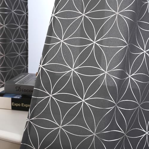 "Taisier Home Silver Linen Grommet Window Curtain Panels Metallic Geo Moroccan Tile Foil Print Soft Grey Semi Sheer Draperies for Bedroom Living Room,Light Filtering Window Treatment,52""Wx95""L,2 Panels"