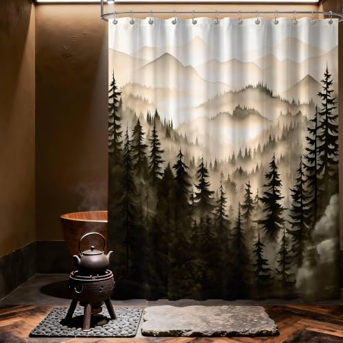 QGHOT Dark Brown Forest Shower Curtain Nature Bronze Chocolate Brown Shower Curtains for Mens Bathroom, Waterproof Polyester Fabric with Hooks,70''W x 84''L