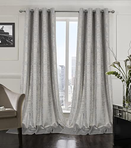 always4u 100% Blackout Soft Velvet Curtains for Bedroom Living Room Thermal Energy Saving 120 Inches Long Luxury Gold Foil Print Drapes 2 Panels Silver