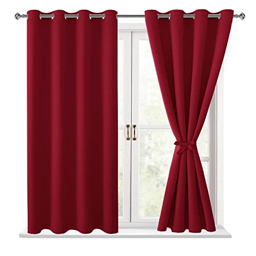 Hiasan Blackout Curtains for Bedroom, 52 x 54 Inches Long - Thermal Insulated & Light Blocking Window Curtains for Living Room, 2 Drape Panels Sewn with Tiebacks, Christmas Red