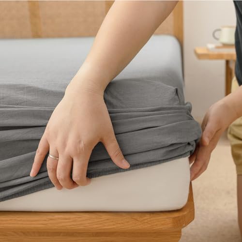 BESTOUCH King Fitted Bottom Sheet???Breathable 100% Washed Cotton Linen-Like - 16-19 Inch Deep Pocket Fits Mattress - Fade Resistant Soft Comfy Durable Easy Care