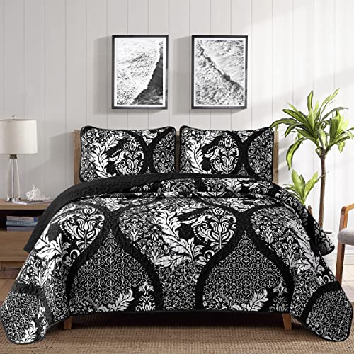 "DJY Black Quilt Set California King, Boho Damask Bedspread Coverlet Set Soft Lightweight Microfiber Bedding Set 3 Pieces for All Season (106""x96"")"