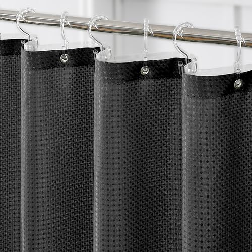 QiyI 3 in 1 Waffle Shower Curtain Set with Liner, Black, 36 x 72 - Shower Curtain and Liner Set with Hooks, Waterproof Stall Bathroom Curtain with PEVA Liner & 6 Double Sided Plastic Rings
