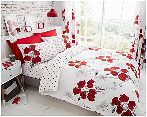 Gaveno Cavailia Floral Double Duvet Set Reversible Easy Care Cotton Blend 3 Piece Bedding - 1 Quilt Cover + 2 Pillow Cases - Button Closure - Machine Washable, Polycotton, Poppy Red, 243328