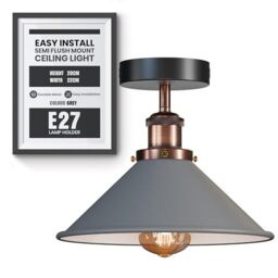 DC VOLTAGE Vintage Semi Flush Mount Ceiling Light E27 Base 22cm Grey Cone Lampshade Metal Industrial Ceiling Lamp for Entryway Study Room Bedroom Hallway with Bulb