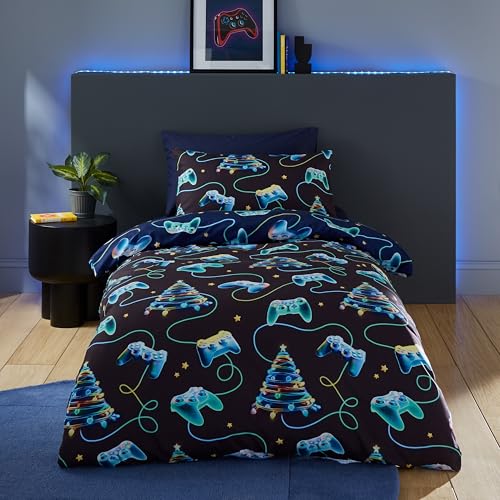 Catherine Lansfield Christmas Gamer So Soft Reversible Double Duvet Cover Set with Pillowcases Navy Blue
