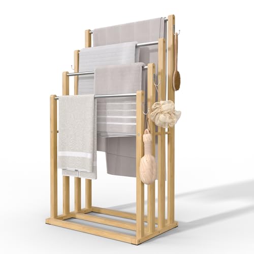 VOUNOT® Freestanding Towel Rail 4-Tier Bamboo Towel Stand, Stable Towel Holder Storage for Washcloths and Bathroom Accessories, Natural