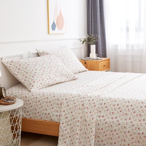 "Queen Bed Sheet Set 4PC Printed Red Cute Flower Sheet Pattern Cooling Brushed Microfiber 17"" Deep Pocket Floral Sheets Set Luxury, Soft, Breathable, Hypoallergenic, Wrinkle Free Double Bedding"