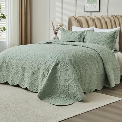 Oversized California King Bedspreads 120x120 for Extra Tall Split Cal King Bed Lightweight Quilted Coverlet Set 3 Pieces 1 Quilt 2 Pillow Shams Sage