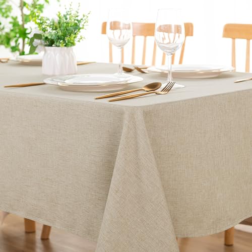 DWCN Rectangle Faux Linen Tablecloth - Textured Waterproof Spill-Proof Wrinkle and Stain Resistant Table Cloth Decorative Fabric Farmhouse Table Cover for Kitchen Dining Party, 52 x 70 Inch, Beige