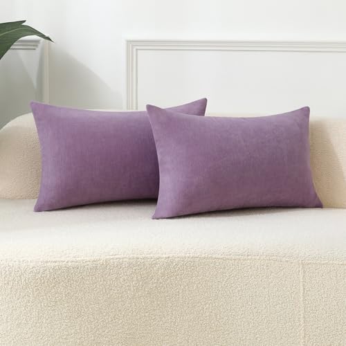 Qanatmz Lavender Cozy Soft Throw Pillow Covers Light Purple Decorative Chenille Rectangle Lumbar Couch Cushion Cases for Sofa Living Room Decor, Set of 2, 12 x 20 Inches