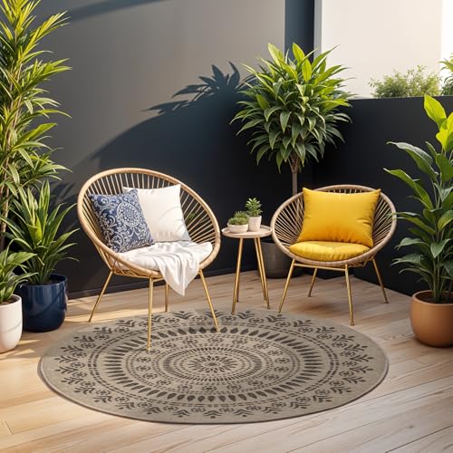 Livabliss Vera Outdoor Round Rug 160x160 cm, Living Room, Dining & Kitchen, Waterproof, Stain Resistant, Durable Boho Style, Beige Black