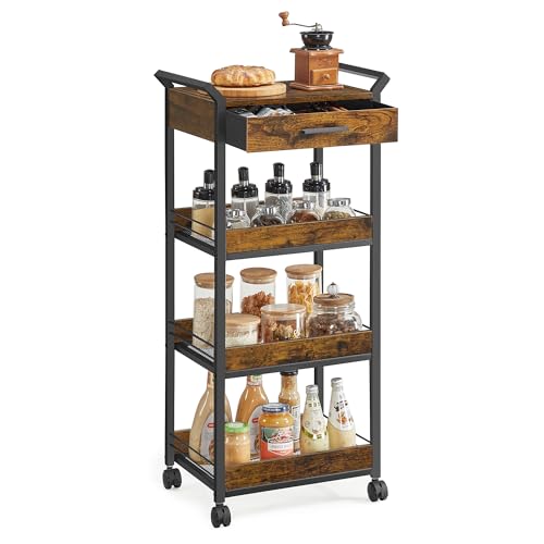 VASAGLE Storage Trolley, 4-Tier Rolling Cart with Table Top, Handles, 4 Lockable Castors, Top Drawer, Mesh Shelves, for Kitchen, Bathroom, Bedroom, Rustic Brown and Ink Black LRC049K01