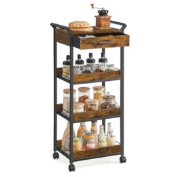 VASAGLE Storage Trolley, 4-Tier Rolling Cart with Table Top, Handles, 4 Lockable Castors, Top Drawer, Mesh Shelves, for Kitchen, Bathroom, Bedroom, Rustic Brown and Ink Black LRC049K01