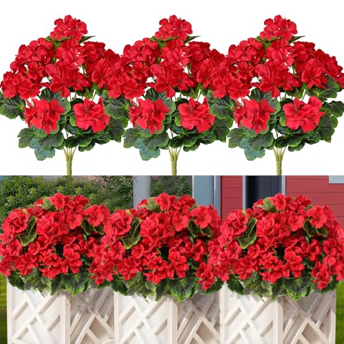 Artificial Geraniums for Outdoors 17.3 Inch Fake Geraniums Flowers 3 Bundles Faux Silk Geranium Flowers Artificial Plants Outdoor UV Resistant for Home Garden Vase Window Table Centerpiece