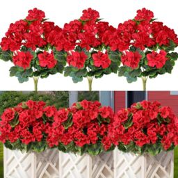 Artificial Geraniums for Outdoors 17.3 Inch 3 Bundles Fake Geraniums Red