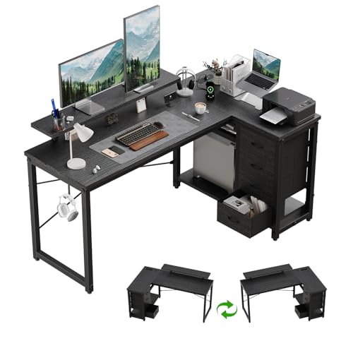JUMMICO L Shaped Desk with 4 Drawers,140x80cm Computer Corner Desks with Power Outlets & USB Charging Port, Reversible Large Storage Shelves Office Table With Monitor stand,Black