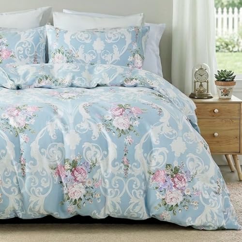 Cozaline Floral Duvet Cover Set Queen Size 100% Nature Cotton Blue Comforter Cover with Pink Floral, 3 Pieces Breathable & Soft Aesthetic Bedding Set with Zipper Closure