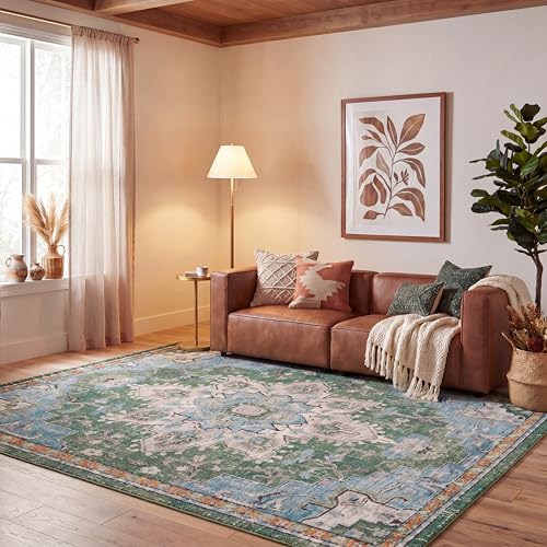 Safavieh Boho Rug for Living Room, Dining Room, Bedroom - Monaco Collection, Short Pile, in Orange and Light Blue, 152 x 152 cm