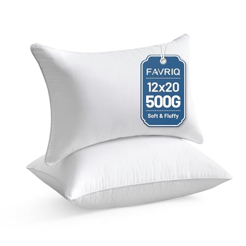 FAVRIQ 12 x 20 Throw Pillows with 100% Cotton Cover(Set of 2), Lumbar Support Pillow for Chair Bed Car,Rectangle Interior Sofa Pillow Inserts, Decorative Pillow Insert Pair, White Couch Pillow