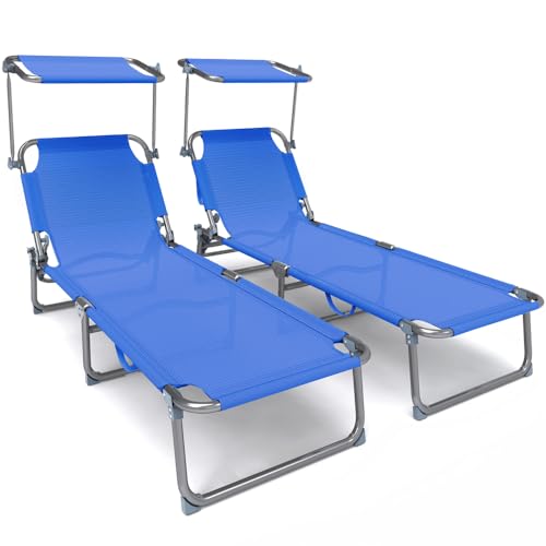 VOUNOT® Folding Sun Loungers Set of 2, Textilene Reclining Sunbed with Adjustable Backrest & Sunshade for Garden, Beach, Patio, Pool, Camp, Load 110 kg, Blue
