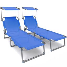 VOUNOT® Folding Sun Loungers Set of 2, Textilene Reclining Sunbed with Adjustable Backrest & Sunshade for Garden, Beach, Patio, Pool, Camp, Load 110 kg, Blue