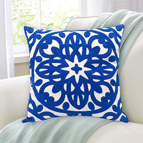Alysheer Decorative Throw Pillow Covers 100% Cotton Mandala Embroidered Classic Chic Pattern Cushion Covers for Sofa Couch Living Room Bedroom (Royal Blue, 18x18 Inch)