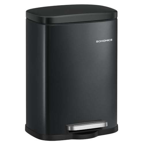 SONGMICS 5L Ink Black Bathroom Bin, Easy-Clean Steel, Soft-Close Lid - Hands-Free Opening, Bag Holder and Space-Saving Design for Bathrooms and Small Spaces, LTB005BZ02