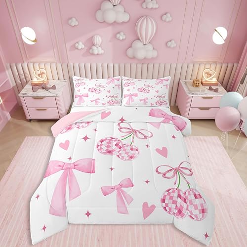 Erosebridal Cute Bowknots Bedding Twin,Western Cherry Disco Ball Comforter Set for Girls Kids Women,Hand Drawn Love Heart Down Comforter,Dreamy Stars Duvet Insert