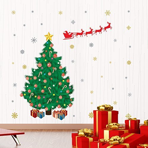 "Wallflexi Christmas Decorations Wall Stickers ""Santa's Sleigh with Christmas Tree"" Wall Murals Decals living Room Children Nursery School Restaurant Cafe Hotel Home Office Décor, multicolour"