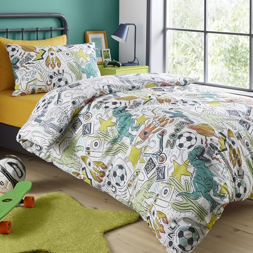 Bedlam Doodle Zoom Duvet Cover Set Single 140 x 200cm – Polycotton Easy Care Bedding with Fun Doodle Print, Includes 1 Pillowcase