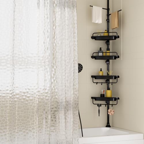 XLHOMO 32-122inch Corner Shower Caddy Tension Pole with Shower Curtain, Rustproof Drill-Free Adjustable Shower Shelves for Bathroom Bathtub Washbasin, with 4 Tier Patent Stable Shelves & Towel Bars