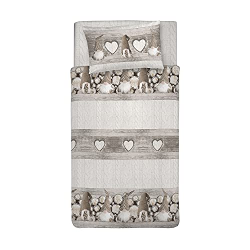 PENSIERI DELICATI Single Duvet Cover Set 100% Cotton, Complete with Bag 155 x 200 cm and 1 Pillowcase 52 x 82 cm, Made in Italy, Duvet Cover Washable In Machine At 40 °, Gnome Pattern Beige