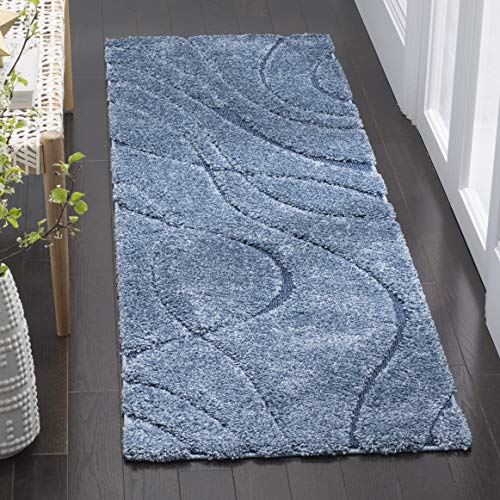 SAFAVIEH Shag Rug for Living Room, Dining Room, Bedroom - Florida Shag Collection, High Pile, in Blue, 152 X 152 cm