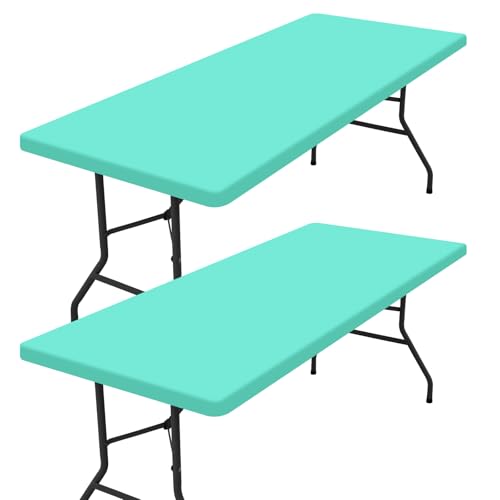 "homing 2 Pack Rectangle Table Cloth, Elastic Fitted Fabric Tablecloth Fits for 6 Foot Folding Tables, Washable Table Cover for Picnic, Camping, Indoor & Outdoor (Aqua, 30"" x 72"")"