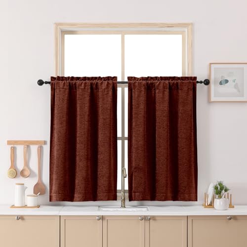 Chyhomenyc Chenille Velvet Kitchen Curtains 30 Inch Length - Light Filtering Short Window Curtains, Soft Small Half Window Curtain Panels for Bathroom Basement, 30Wx30L Inch, 2 Panels, Rustic Red