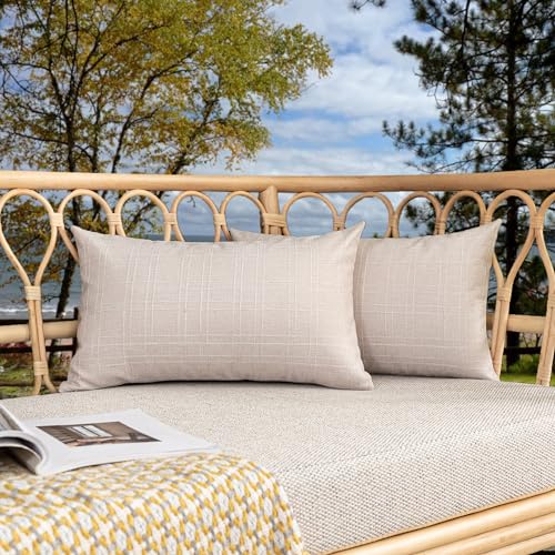 Kevin Textile Pack of 2 Outdoor Waterproof Throw Pillow Covers Decorative Square Outdoor Checked Cushion Case Patio Cushion for Couch 12 x 20 Inches 30 x 50 cm Light Beige