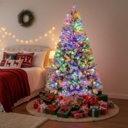 Himimi Snow Flocked Christmas Tree 6ft, Pre Lit Snowy Christmas Tree with Multicolor LED Lights, Bushy 1000 Branch Tips, Frosted Artificial Xmas Tree with Metal Stand, Home Office Holiday Winter Décor