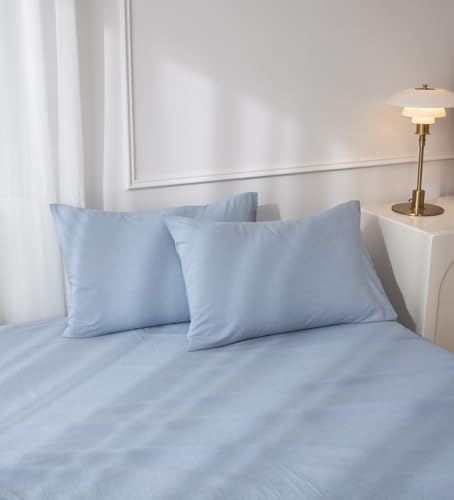 JIYUAN 100% Washed Cotton Pillowcases Set Envelope Closure Pack of 2 Comfy Simple Style Soft Breathable Textured Durable Linen Feel Bedding for All Seasons Standard Size, Heathered Light Blue