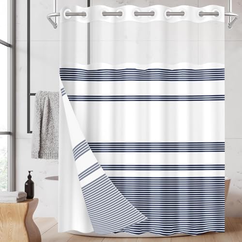 Nesphy No Hook Navy Shower Curtain with Snap in Fabric Liner Set, Blue and White Striped Double Layers Waterproof Fabric with See Through Top Window Open Grommet Bath Curtain 71x74 Inch