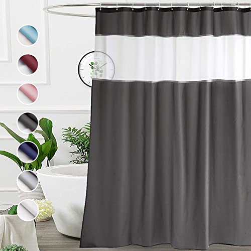 UFRIDAY Dark Gray Shower Curtain with White Mesh Top Window, Heavy Duty Fabric Bathroom Curtain Set with Weighted Bottom Hem, Water Repellency and Easy Care, 72x84 Inches, Extra Long