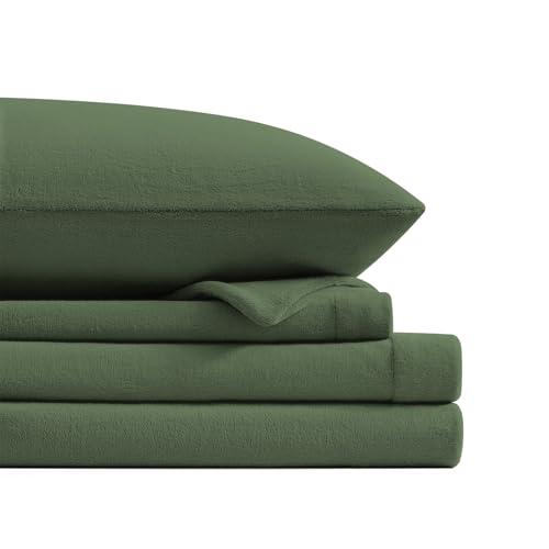 Petrichor Flannel Fleece Twin Size Sheet Set Green ??? Ultra Soft Anti-Static Plush Bedding, 3 Piece (1 Fitted Sheet, 1 Flat Sheet, 1 Pillowcase)