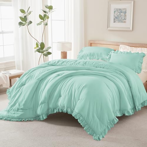 Andency Mint King Size Comforter Set, 3 Pieces Solid Farmhouse Bedding - Shabby Chic All-Season Western Rustic Soft Down Alternative Bed Set for Adults