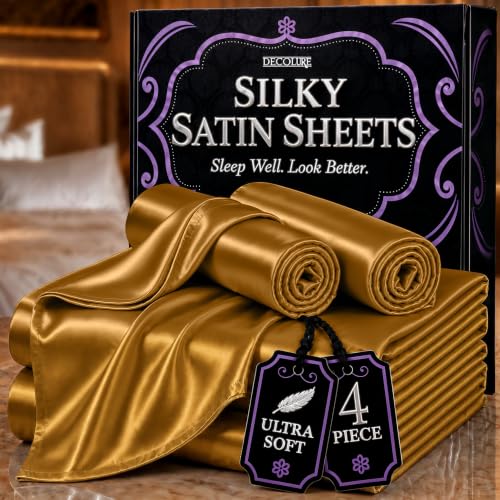 DECOLURE Satin Bedding 4 Pieces Luxury Silky Queen Size Bedding Set Softer Than Silk Wrinkle Resistant with 15 Inch Deep Fitted Sheet Perfect for Hair and Skin Gifts for Women